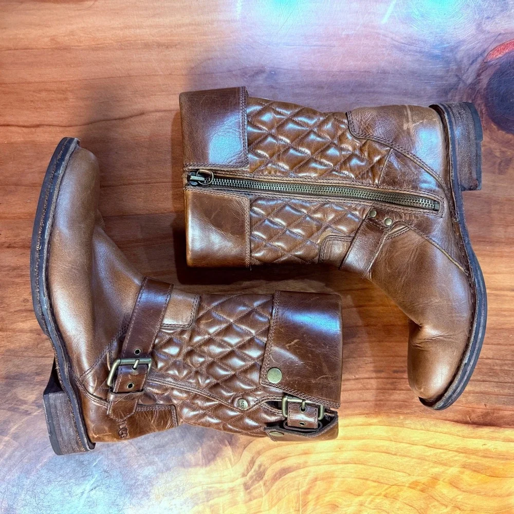 Ugg Conor Fawn Women's Boots 7.5 Leather Brown Boho 1001887 Zip Quilted